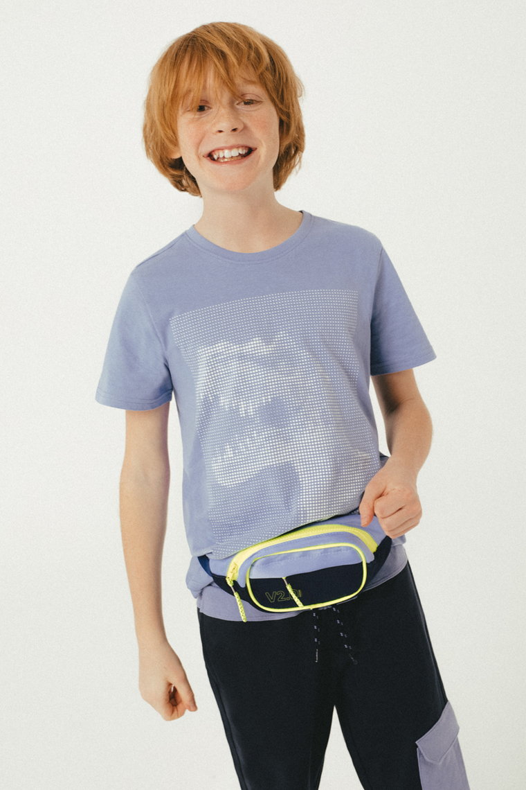 Niebieski t-shirt dla chłopca bawełniany z nadrukiem dinozaura