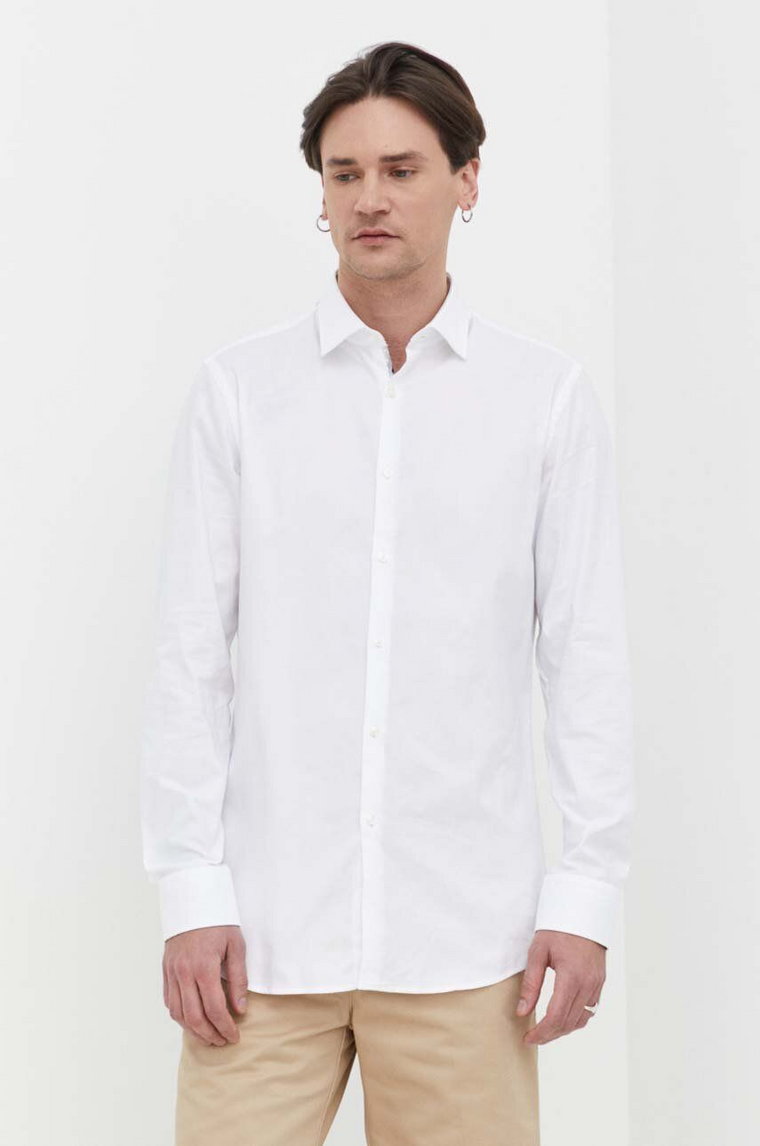 HUGO koszula bawełniana męska kolor biały slim z kołnierzykiem klasycznym 50513916
