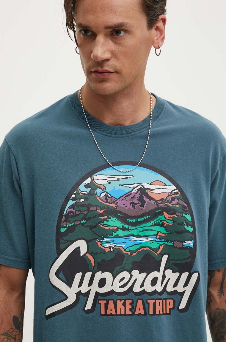 Superdry t-shirt bawełniany męski kolor turkusowy z nadrukiem M1012187A-1XJ