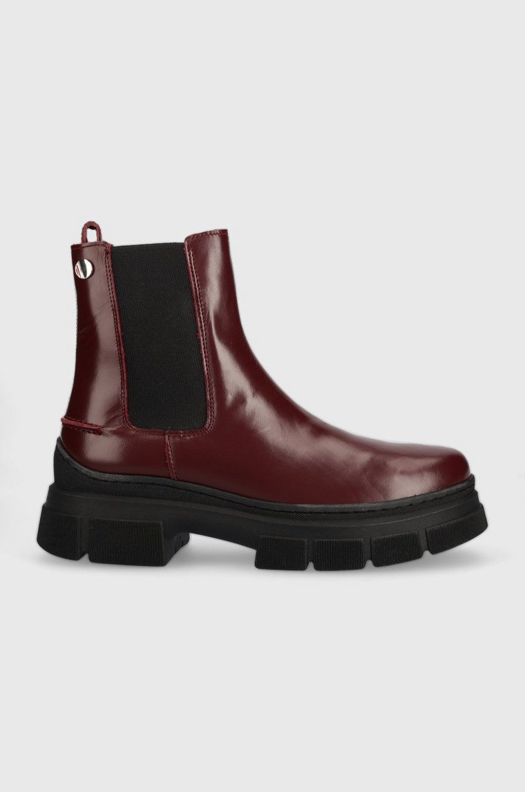 Tommy Hilfiger sztyblety skórzane Preppy Outdoor Low Boot damskie kolor bordowy na platformie