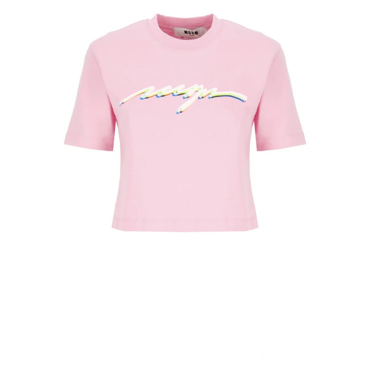 Różowa Bawełniana Koszulka Okrągły Dekolt Logo Msgm