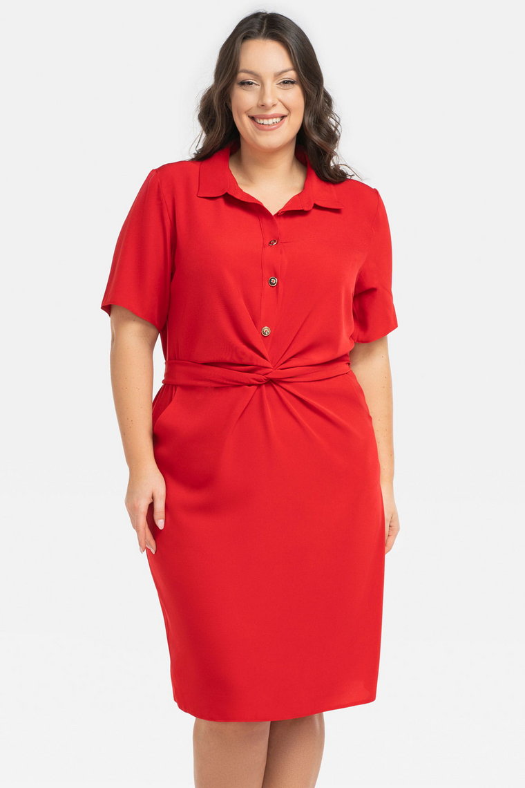 Sukienka wizytowa szmizjerka wiązana w pasie z kieszeniami KYOTO czerwona