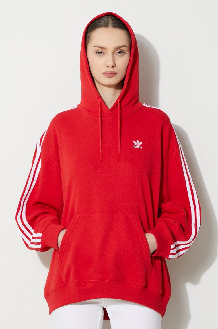 adidas Originals bluza 3-Stripes Hoodie OS damska kolor czerwony z kapturem z aplikacją IN8397