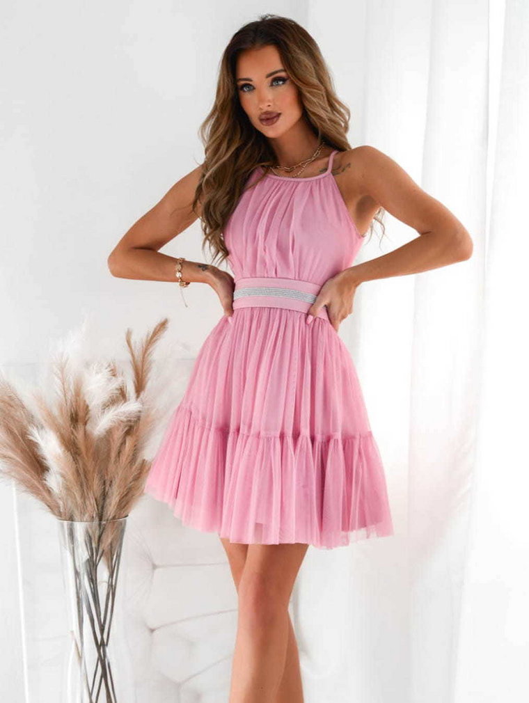 Sukienka różowa mini tiulowa na ramiączkach z ozdobnym paskiem polska produkcja Charlot