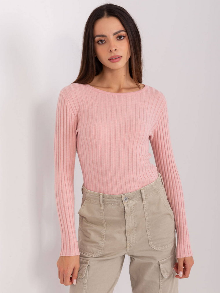 Sweter klasyczny jasny różowy casual dekolt okrągły rękaw długi materiał prążkowany