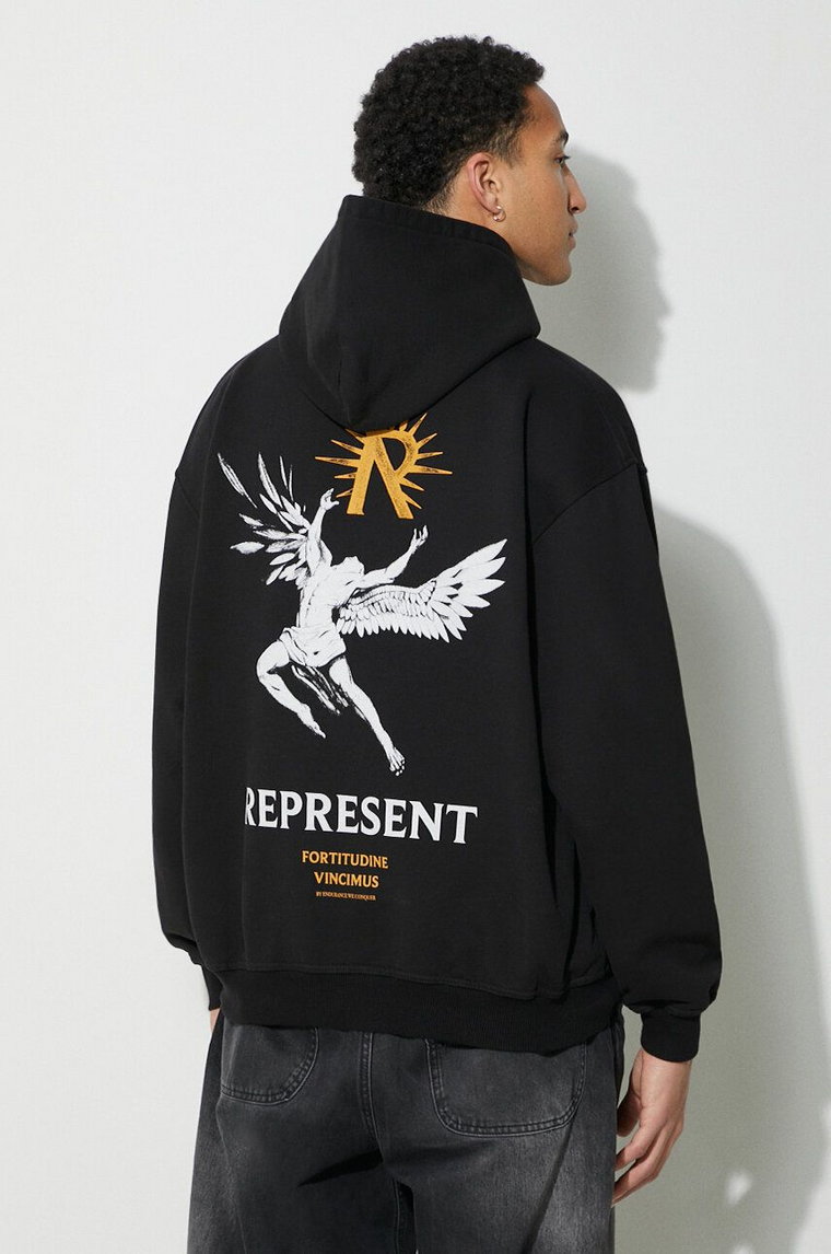 Represent bluza bawełniana Icarus Hoodie męska kolor czarny z kapturem z nadrukiem MLM468.01