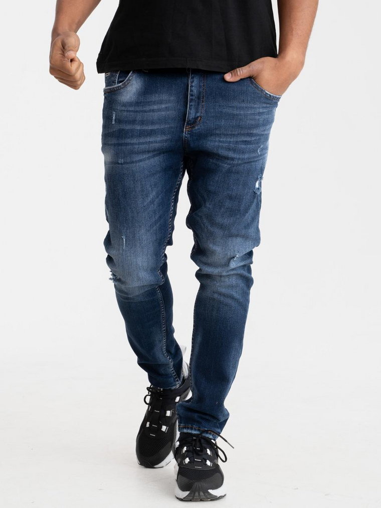 Spodnie Jeansowe Z Uszkodzeniami Skinny Fit Męskie Ciemne Niebieskie i8 Denim  Never Give Up