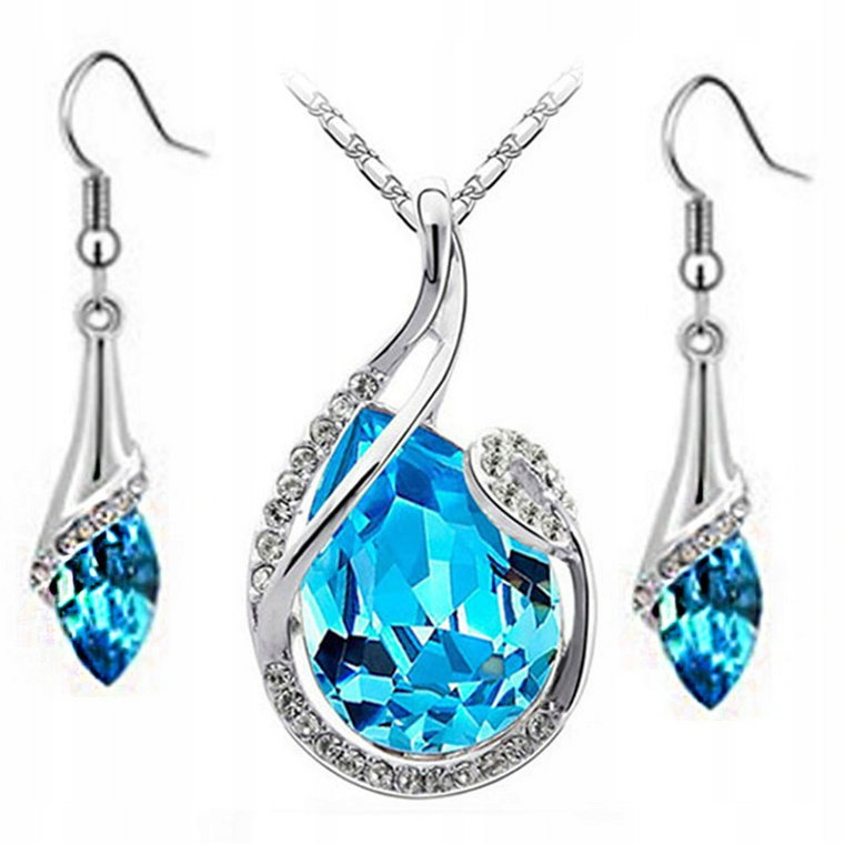 Srebrny komplet biżuterii błękitne łezki srebrzone krople wiszące kolczyki