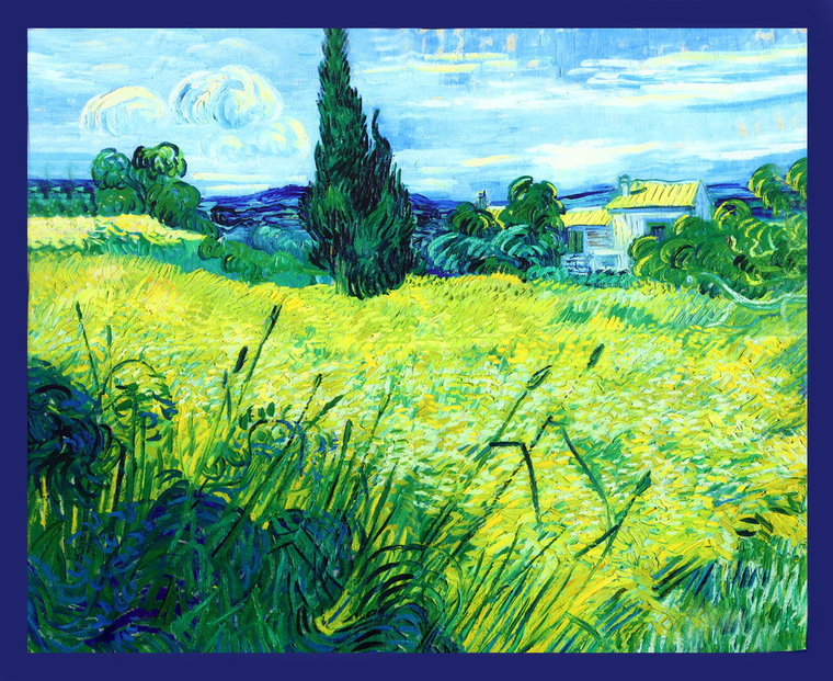 Gawroszka damska chusta artystyczna silk touch 70X70 Paesaggio di campagna granatowy