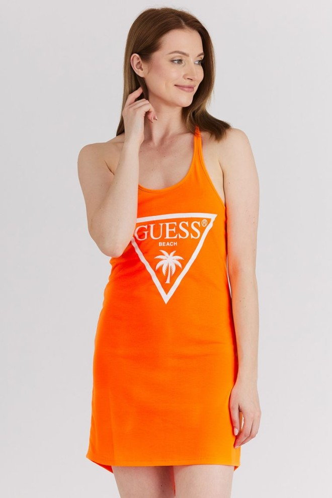 GUESS Pomarańczowa neonowa sukienka z trójkątnym logo