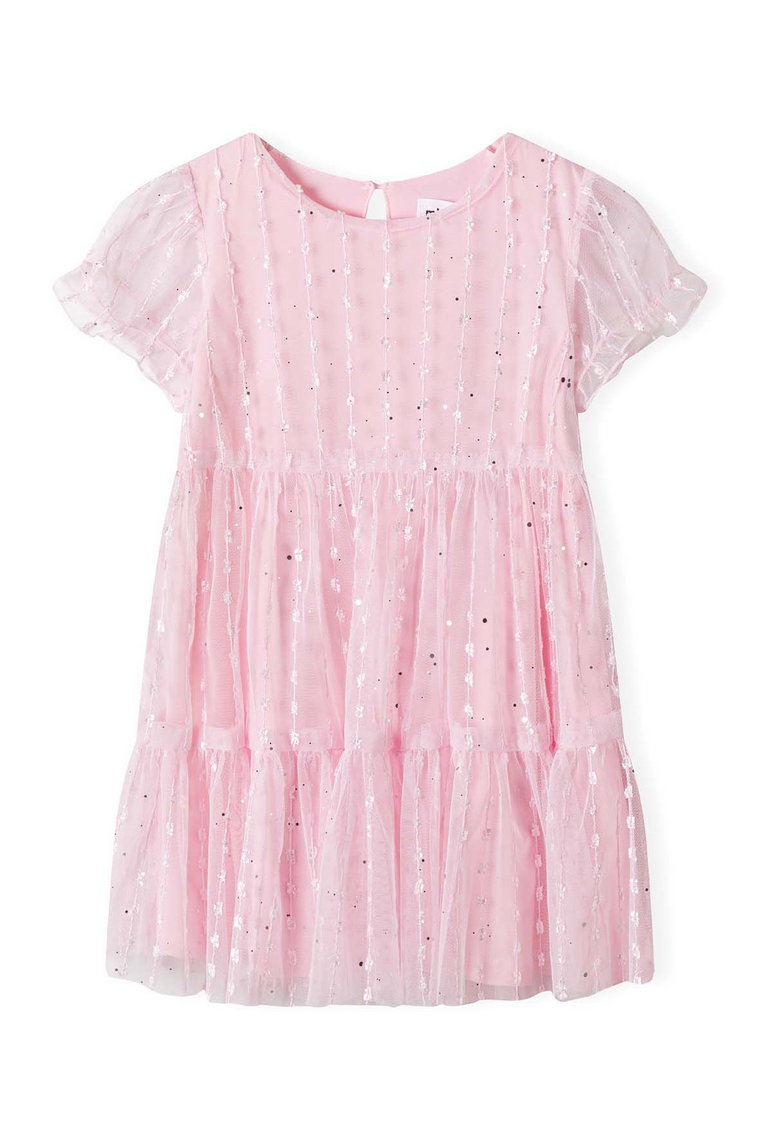 Różowa tiulowa sukienka z błyszczącymi elementami