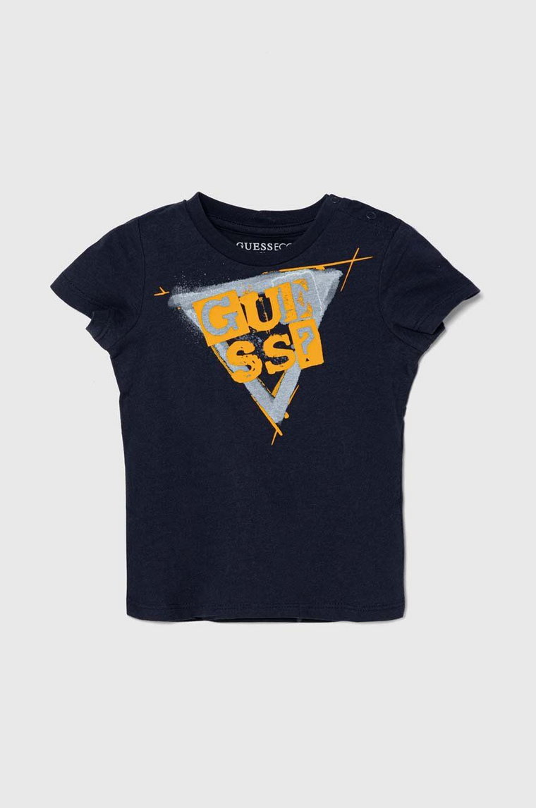 Guess t-shirt bawełniany niemowlęcy kolor granatowy z nadrukiem