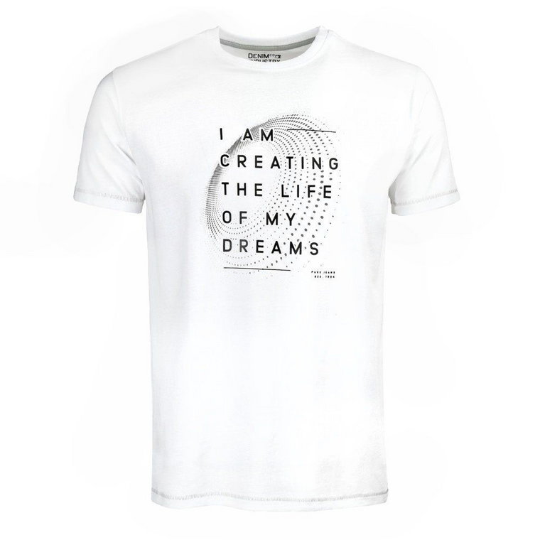 T-shirt Bawełniany, Biały Męski z Nadrukiem, DREAM, Krótki Rękaw, U-neck -PAKO JEANS
