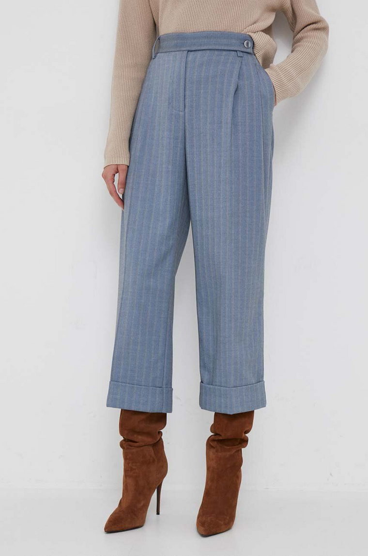 Sisley spodnie damskie kolor niebieski szerokie high waist