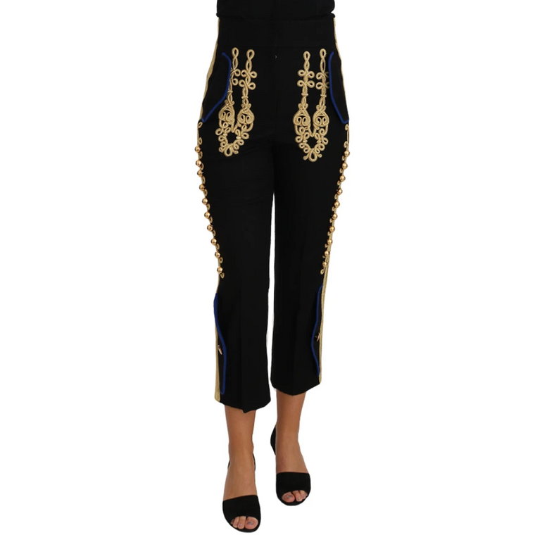 Wojskowe zdobione czarne złote spodnie Dolce & Gabbana