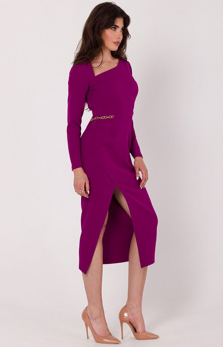 Sukienka midi z asymetrycznym dekoltem rubinowa K178, Kolor rubinowy, Rozmiar L, makover