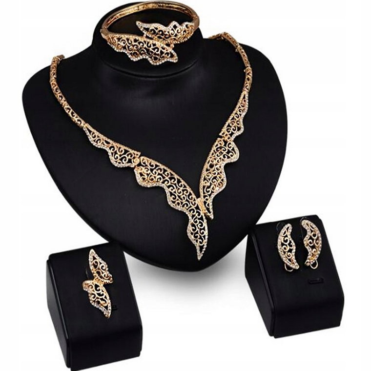 Złoty Elegancki Komplet Biżuterii Ażurowa Kolia