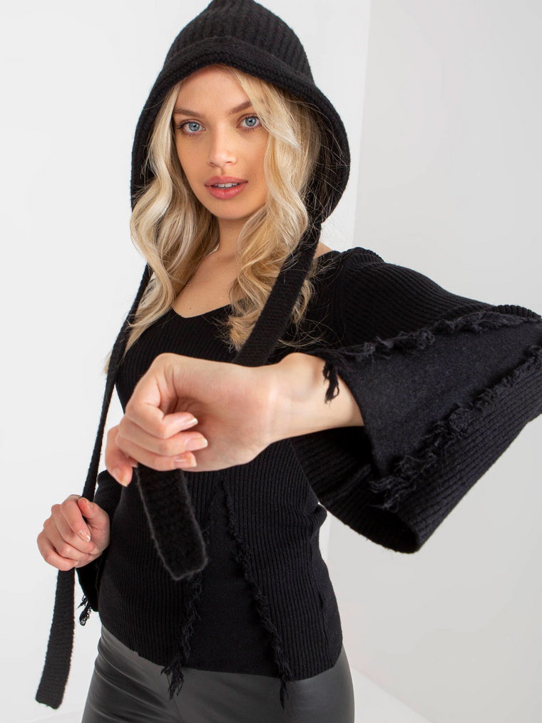 Sweter klasyczny czarny casual dekolt w kształcie V rękaw długi frędzle materiał prążkowany
