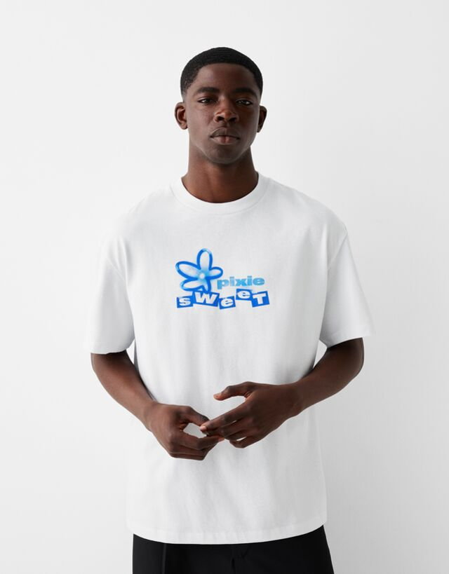 Bershka Koszulka Z Krótkim Rękawem I Nadrukiem Graffiti Mężczyzna L Biały