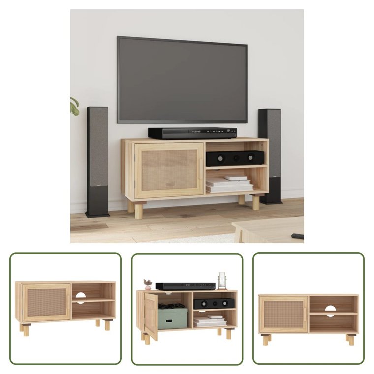 The Living Store Stolik pod TV - brązowy - 80x30x40 cm - drewno sosnowe i rattan - Szafka TV