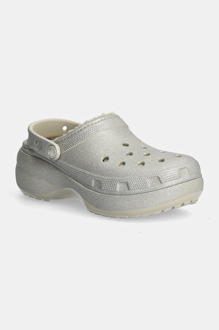 Crocs kapcie Classic Platform Glitter Lined Clog W damskie kolor srebrny na platformie 210413