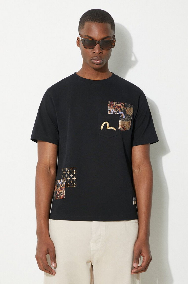 Evisu t-shirt bawełniany Seagull Emb+Brocade Pocket męski kolor czarny z aplikacją 2ESHTM4TS7066
