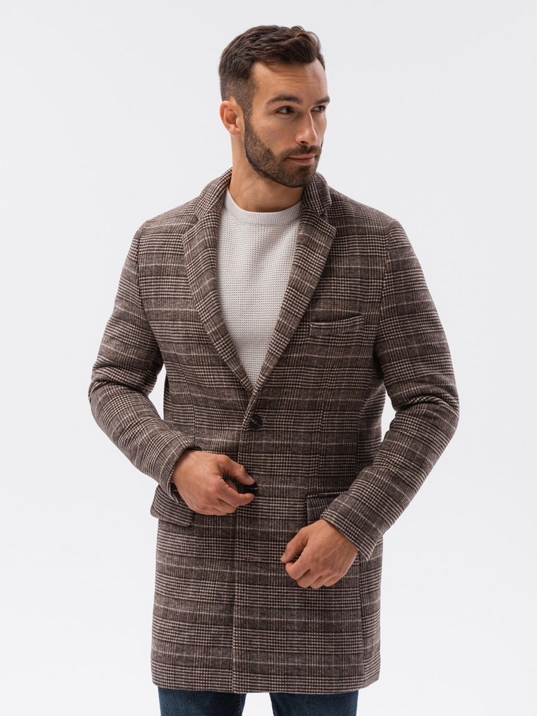 Jednorzędowy płaszcz męski w kratę -  brązowy V1 C499