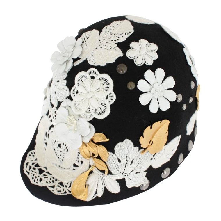 Czarny wełniany kapelusz cloche z motywem kwiatowym i ozdobami metalowymi Dolce & Gabbana