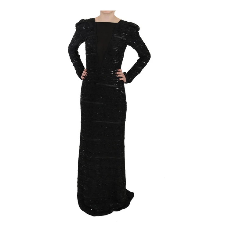 Black Silk Full Length Sequined Gown Dress John Richmond