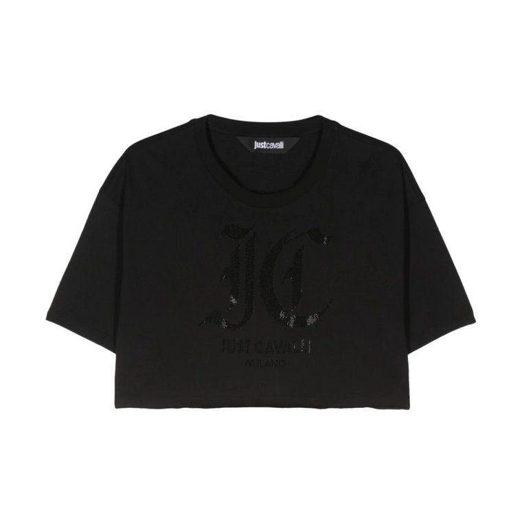 Czarne T-shirty z logo z kryształkami na szyi Just Cavalli