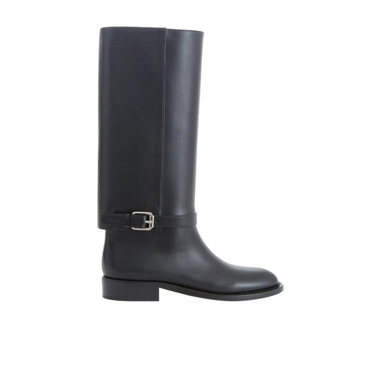 Buckle Embellished Leather Black Boots Burberry