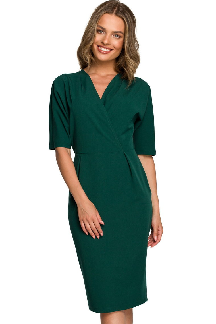 Elegancka sukienka ołówkowa z kopertowym dekoltem V zielona klasyczna