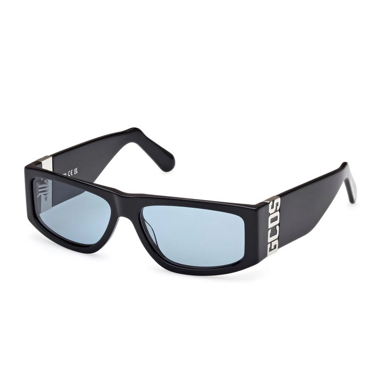 Okulary przeciwsłoneczne prostokątne z czarną oprawą i niebieskimi soczewkami Gcds