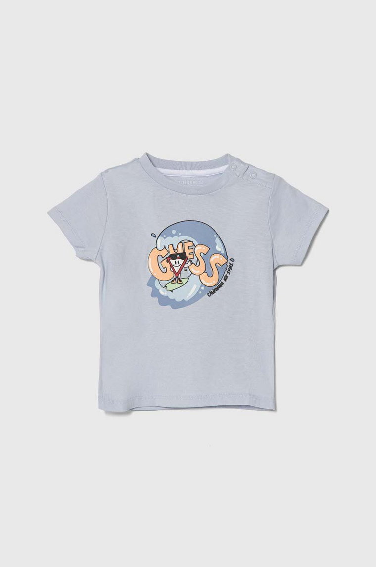 Guess t-shirt bawełniany niemowlęcy kolor niebieski z nadrukiem