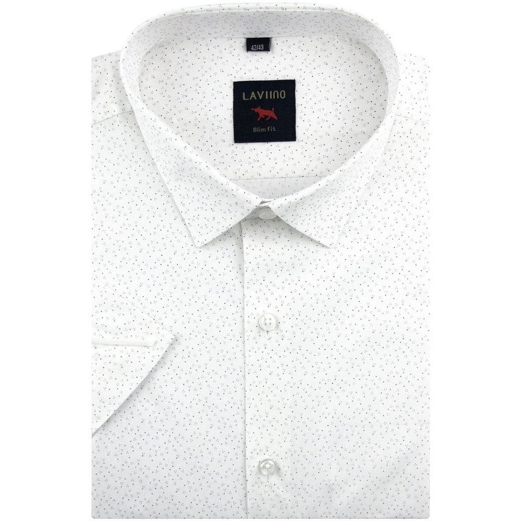 Koszula Męska Elegancka Wizytowa do garnituru biała we wzorki z krótkim rękawem w kroju SLIM FIT Laviino P593