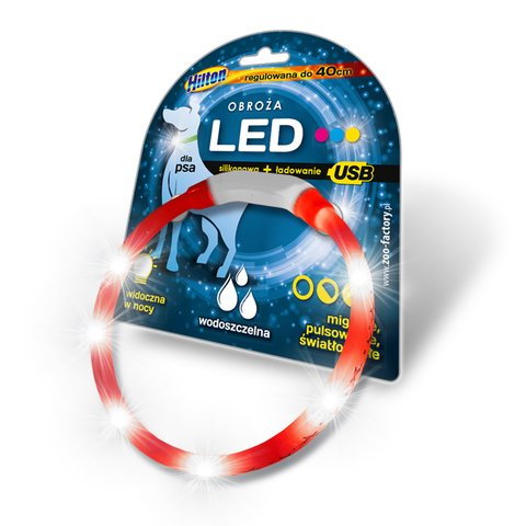 Obroża silikonowa LED z USB dla psa HILTON, czerwona, 1,4x0,8x40 cm