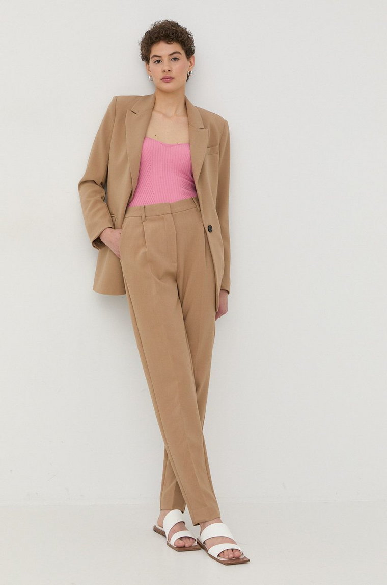 Bruuns Bazaar spodnie damskie kolor beżowy fason cygaretki high waist