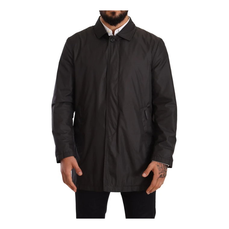 Black Polyester Mens Trench Coat Jacket Dolce & Gabbana