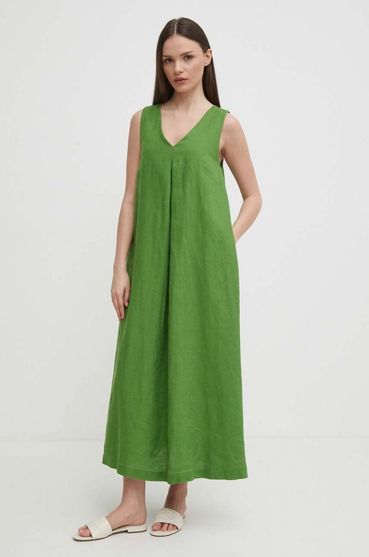 United Colors of Benetton sukienka lniana kolor zielony maxi rozkloszowana