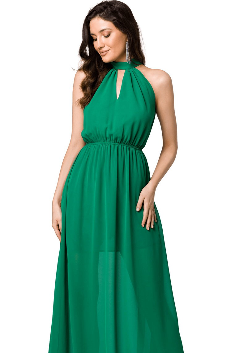 Długa sukienka szyfonowa wieczorowa z dekoltem halter zielona