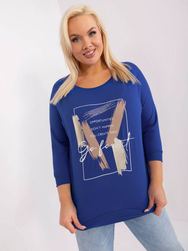 Bluzka plus size kobaltowy casual codzienna dekolt okrągły rękaw 3/4 dżety