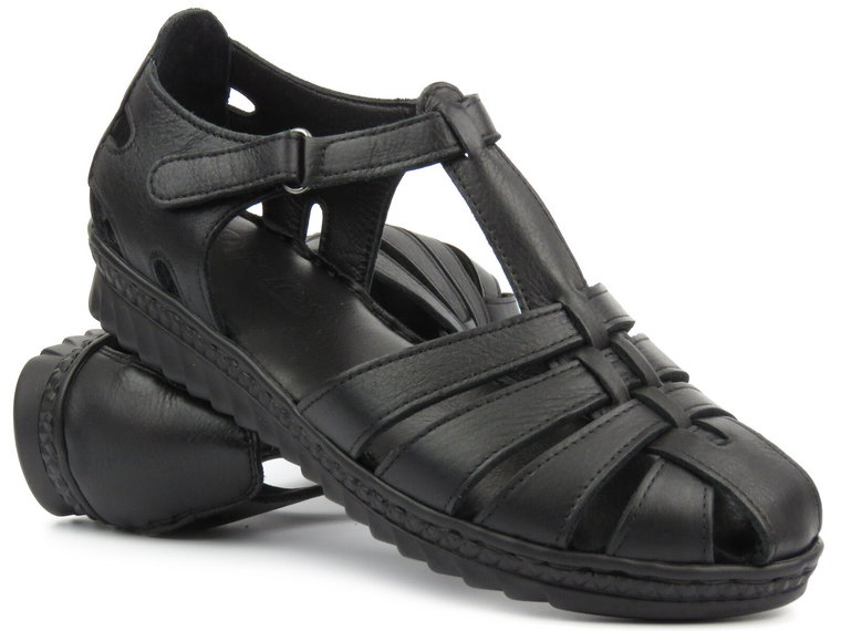 Skórzane sandały damskie na lekkiej podeszwie - HELIOS Komfort 1204, czarne