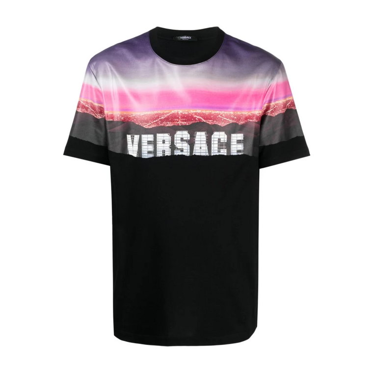 Czarna Koszulka z Graficznym Nadrukiem Versace