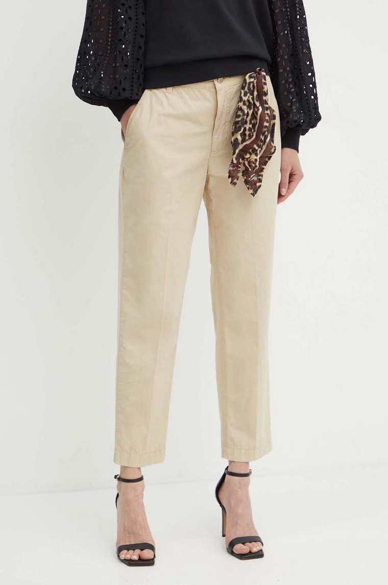 Guess spodnie bawełniane CANDIS kolor beżowy fason chinos high waist W4GB04 WG4NB