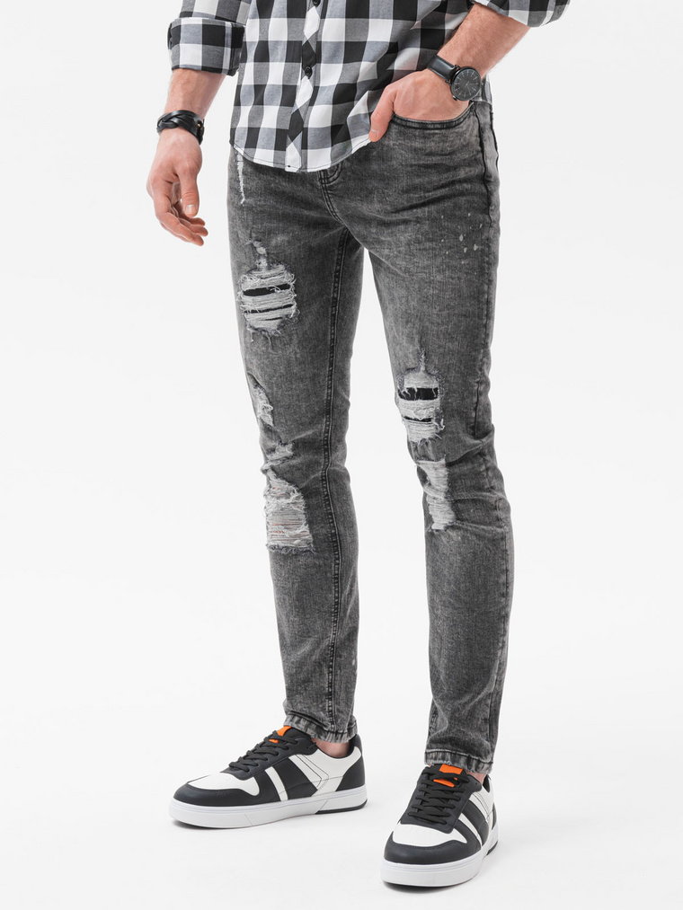 Spodnie męskie jeansowe z dziurami SLIM FIT - szare V2 P1065