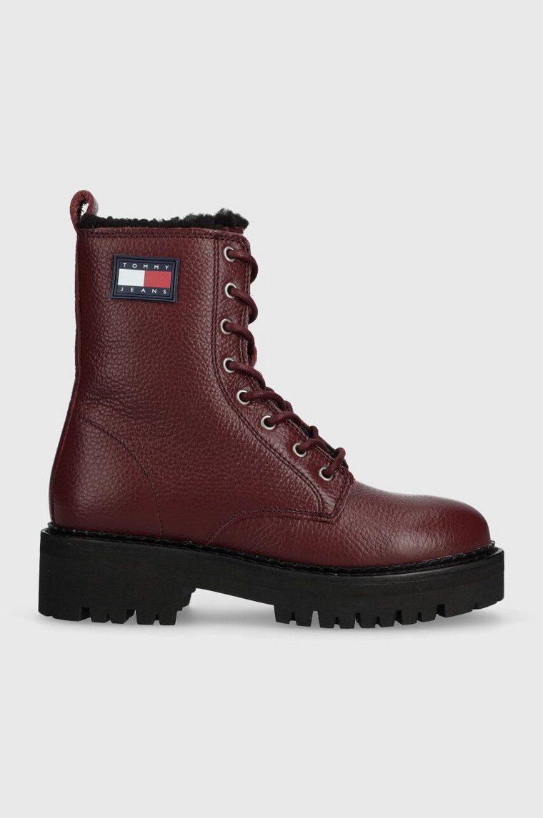 Tommy Jeans workery skórzane TJW URBAN BOOT TUMBLED LTR WL damskie kolor bordowy na płaskim obcasie ocieplone EN0EN02317