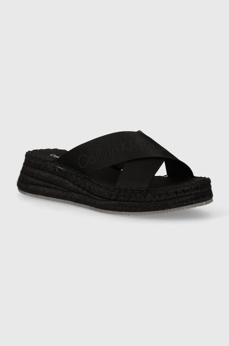 Calvin Klein Jeans klapki SPORTY WEDGE ROPE SANDAL MR damskie kolor czarny na koturnie YW0YW01364