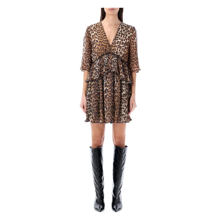 Mini Sukienka z Falbanami w Wzór Leoparda Ganni