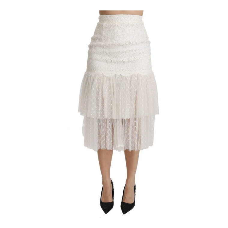 White Lace Layered High Waist Midi Cotton Skirt Dolce & Gabbana