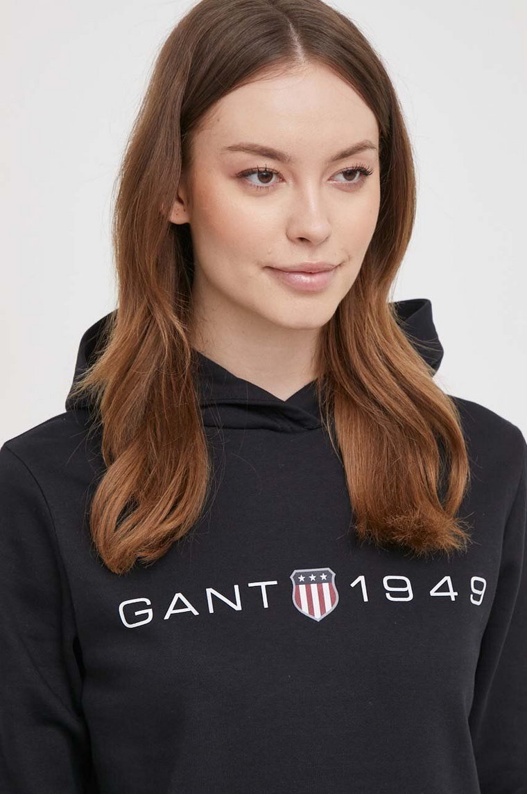 Gant bluza damska kolor czarny z kapturem z nadrukiem